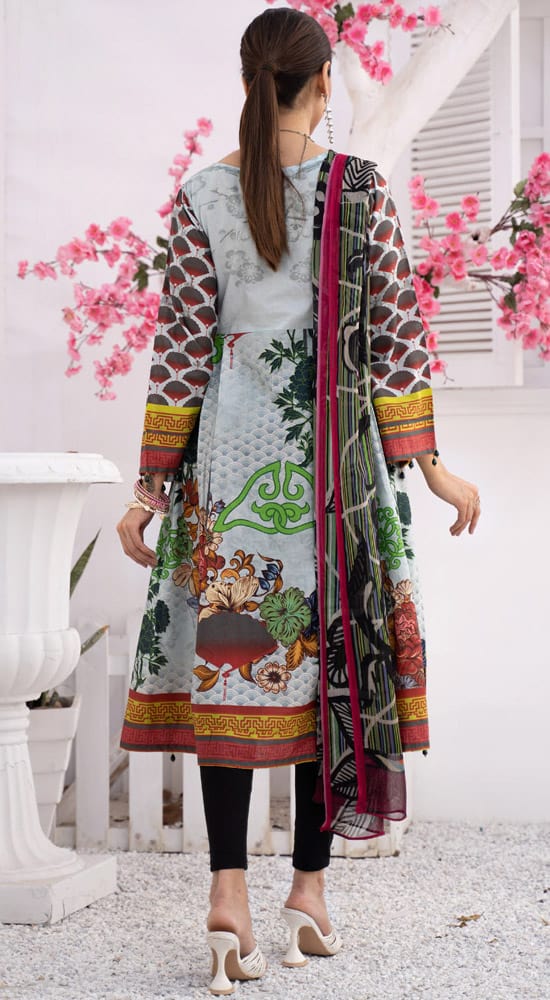 Esha 3 Pcs Frock Digital Printed Lawn with Chiffon Dupatta - BE114