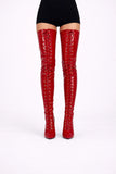 Women's Red Patent Thigh High Over The Knee Front Lace Up Stiletto Boots 11720