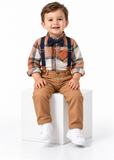 Boys Plaid Shirt and Suspender Trousers Set with Bow Tie