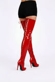 Women's Red Thigh High Back Lace Up Stiletto Boots Over The Knee 12748