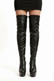 Women's Black Thigh High Over The Knee Platform Stiletto Boots Synthetic Leather Zip G-777