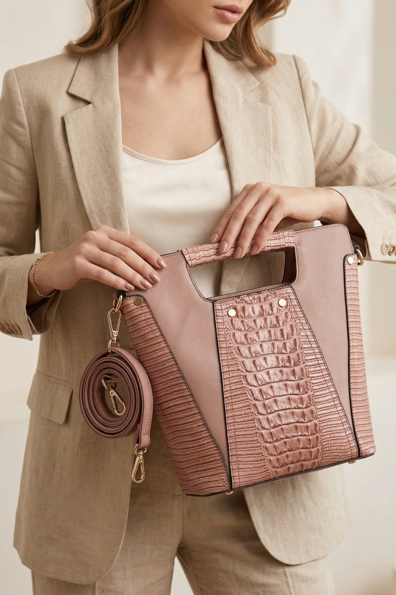 Faux Crocodile Rock N Roll V Handbag - Pink