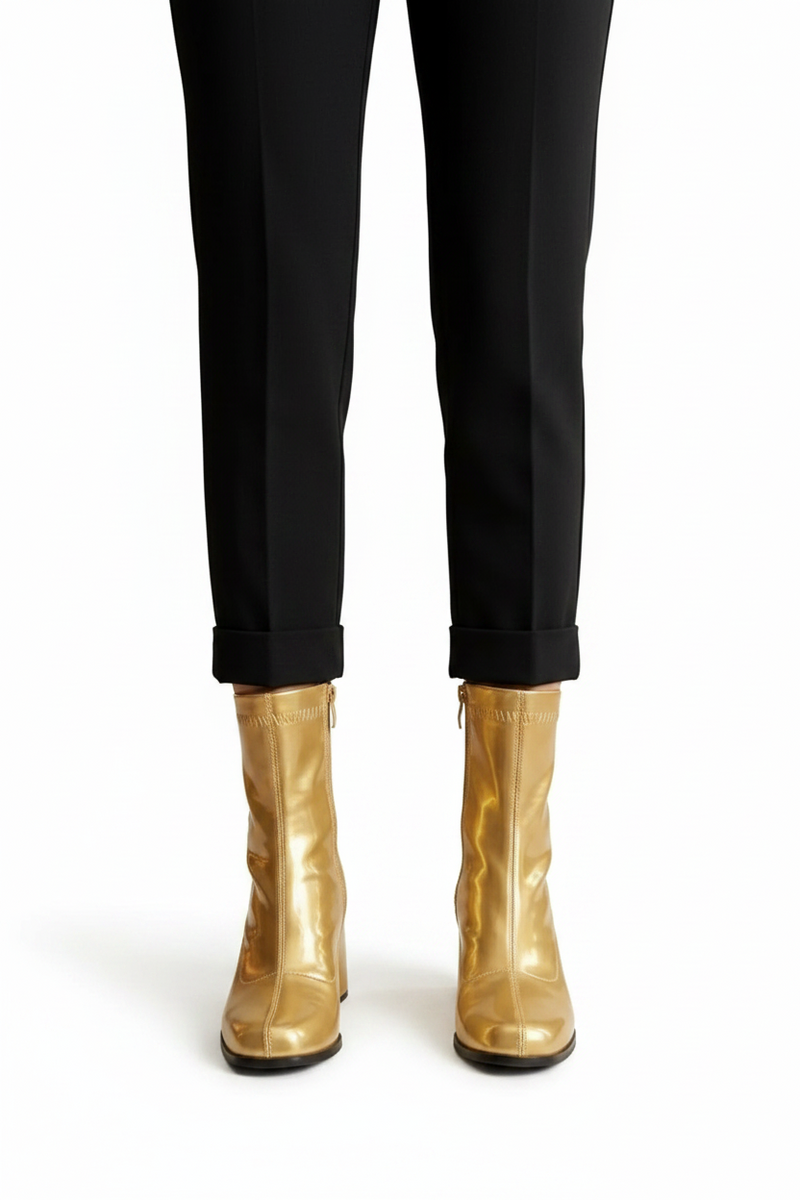 Women's Gold Patent Mid Calf GoGo Boots Block Heel Zip Ankle Boot G-732