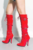 Womens Knee High Full Side Zip Stiletto Heel Red Boots With 3 Buckles G-12055
