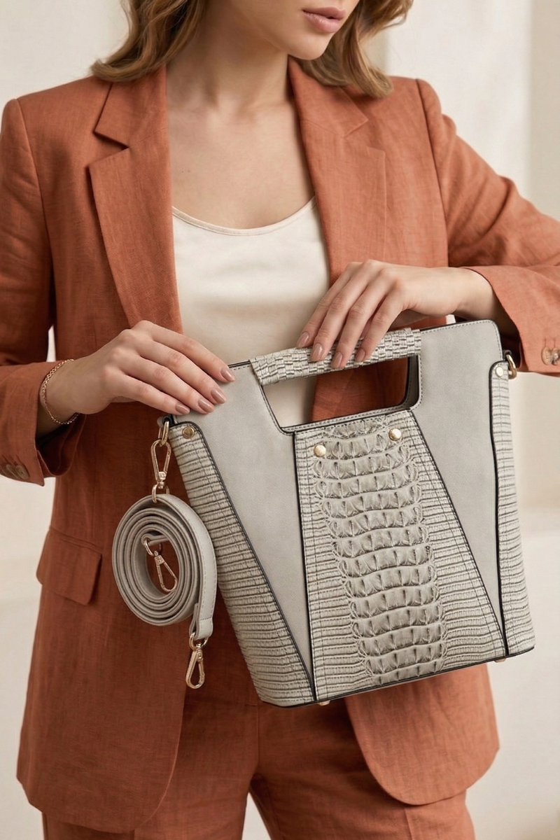 Faux Crocodile Rock N Roll V Handbag - Grey