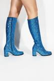 Women's Blue Glitter GoGo Boots Knee High Block Heel Retro Fancy Dress 1960s 1970s G-733