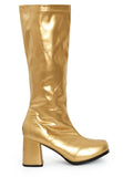 Women's Gold GoGo Boots Knee High Block Heel Retro Fancy Dress 1960s 1970s