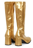 Women's Gold GoGo Boots Knee High Block Heel Retro Fancy Dress 1960s 1970s