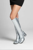 Women's Silver GoGo Boots Knee High Block Heel Retro Fancy Dress 1960s 1970s