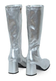 Women's Silver GoGo Boots Knee High Block Heel Retro Fancy Dress 1960s 1970s