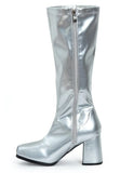 Women's Silver GoGo Boots Knee High Block Heel Retro Fancy Dress 1960s 1970s