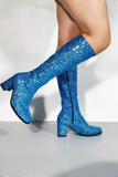 Women's Blue Glitter GoGo Boots Knee High Block Heel Retro Fancy Dress 1960s 1970s G-733