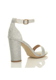 Silver Block Heel Ankle Strap Sandals Peep Toe Buckle Glitter Mesh - G-1810