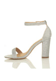 Silver Block Heel Ankle Strap Sandals Peep Toe Buckle Glitter Mesh - G-1810