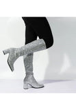 Women's Silver Glitter GoGo Boots Knee High Block Heel Retro Fancy Dress 1960s 1970s
