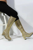 Women's Gold Glitter GoGo Boots Knee High Block Heel Retro Fancy Dress 1960s 1970s