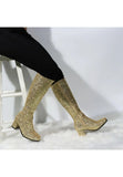 Women's Gold Glitter GoGo Boots Knee High Block Heel Retro Fancy Dress 1960s 1970s