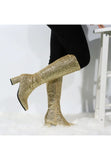 Women's Gold Glitter GoGo Boots Knee High Block Heel Retro Fancy Dress 1960s 1970s