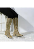 Women's Gold Glitter GoGo Boots Knee High Block Heel Retro Fancy Dress 1960s 1970s