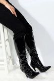 Women's Black Pointed Toe Thigh High Boots Stiletto Heel Patent Leather Zip G-151
