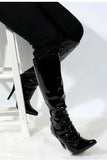 Women's Black Pointed Toe Thigh High Boots Stiletto Heel Patent Leather Zip G-151