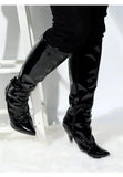 Women's Black Pointed Toe Thigh High Boots Stiletto Heel Patent Leather Zip G-151