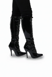 Women's Black Knee High Stiletto Heel Boots Lace Up Side Zip Pointed Toe G-13719