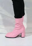 Women’s Go Go Boots Mid Calf Block Heel Zipper Pink ankle Boot G-732