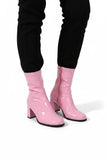 Women’s Go Go Boots Mid Calf Block Heel Zipper Pink ankle Boot G-732