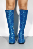 Women's Blue Glitter GoGo Boots Knee High Block Heel Retro Fancy Dress 1960s 1970s G-733