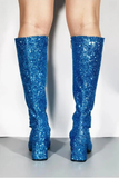 Women's Blue Glitter GoGo Boots Knee High Block Heel Retro Fancy Dress 1960s 1970s G-733