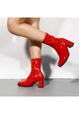 Women’s Go Go Boots Mid Calf Block Heel Zipper ankle Boot-Red Patent G-732