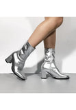 Women’s Go Go Boots Mid Calf Block Heel Zipper ankle Boot-Silver Patent G-732