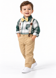 Boys Plaid Shirt and Suspender Trousers Set with Bow Tie