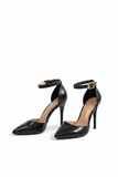 Women's Black Matte Ankle Strap Stiletto Court Shoes Pointed Toe 221