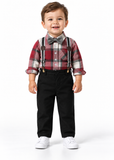 Boys Plaid Shirt and Suspender Trousers Set with Bow Tie
