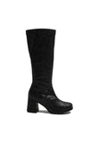 Women's Black Glitter GoGo Boots Knee High Block Heel Retro Fancy Dress 1960s 1970s