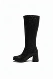 Women's Black Glitter GoGo Boots Knee High Block Heel Retro Fancy Dress 1960s 1970s