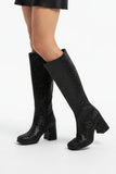 Women's Black Glitter GoGo Boots Knee High Block Heel Retro Fancy Dress 1960s 1970s
