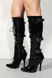 Womens Knee High Full Side Zip Stiletto Heel Black Boots With 3 Buckles G-12055