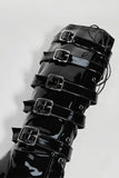 Women's Black Knee High Stiletto Boots Side Zip 5 Buckle Pointed Toe G-12054