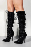 Women's Black Knee High Stiletto Boots Side Zip 5 Buckle Pointed Toe G-12054
