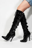 Women's Black Knee High Stiletto Boots Side Zip 5 Buckle Pointed Toe G-12054