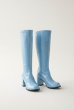 Women's Sky Blue Knee High Block Heel Boots Zip 12733