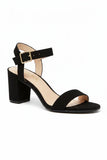 Women's Black Suede Ankle Strap Block Heel Sandals Open Toe Buckle 1840