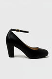 Women's Black Matte Ankle Strap Block Heel Court Shoes Round Toe 1829