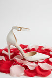 Women's White Matte Ankle Strap Stiletto Court Shoes Pointed Toe 221