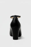 Women's Black Matte Ankle Strap Block Heel Court Shoes Round Toe 1829