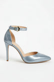 Women's Silver Patent Ankle Strap Stiletto Court Shoes Pointed Toe 221