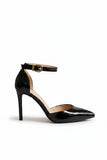 Women's Black Patent Ankle Strap Stiletto Court Shoes Pointed Toe 221
